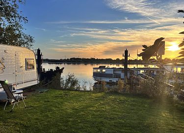 Vintage trailer by the water