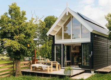 Tiny house dans un verger entouré de moutons