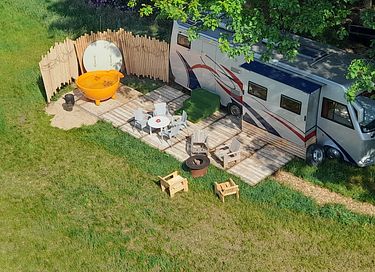 Sleeping in a vintage camper with hot tub