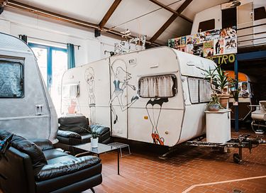 Retro caravan at an indoor campsite
