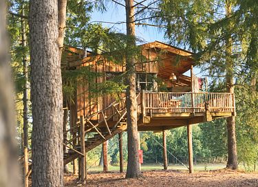 Cabane dans les arbres en Drenthe avec une grande terrasse